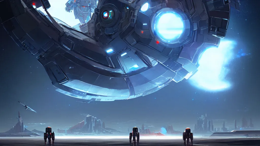 Image similar to spaceport at the other end of the universe, metal framed portal, sharp digital painting. retrofuturism. hyperrealistic. concept art. artstation. giant robot mecha. akihiko yoshida jim burns. brian sum. wormhole. spacetime. spaceship. space craft. robots