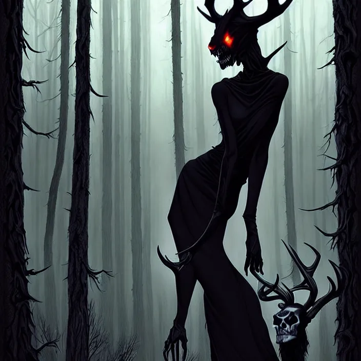 Prompt: style artgerm, joshua middleton, rafael albuquerque, gerald brom : : scary wendigo with antlers and skull face mixed with werewolf : : [ [ beautiful female witch wearing a black dress, yellow eyes, symmetrical face, on the right side ] ] : : in the forest, detailed, dark and foggy, cinematic lighting