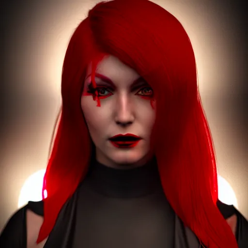 Image similar to beautiful female mage with red hair, black clothing, dark feathered wings, octane 3 d render, trending on artstation, dramatic lighting, 4 k
