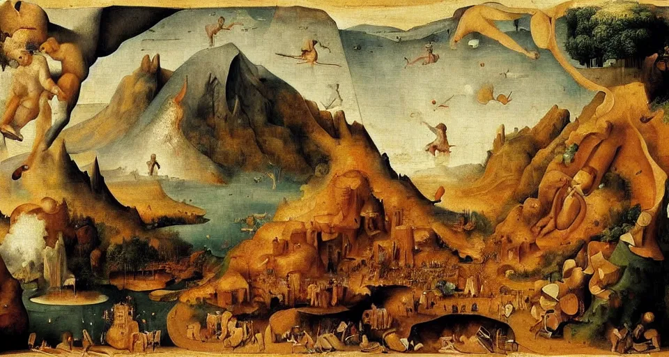 Prompt: !dream the creation of a volcano, divine inspired painting, masterpiece, intricate details, incredible painting, painted by the great masters and bosch