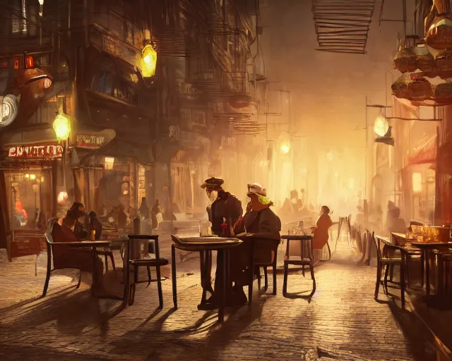 Image similar to a man sitting at a table in a cozy relaxed cafe, looking out at the bustling underbelly of a thriving steampunk city by james paick, trending on cgsociety, unreal engine, 4 k wallpaper