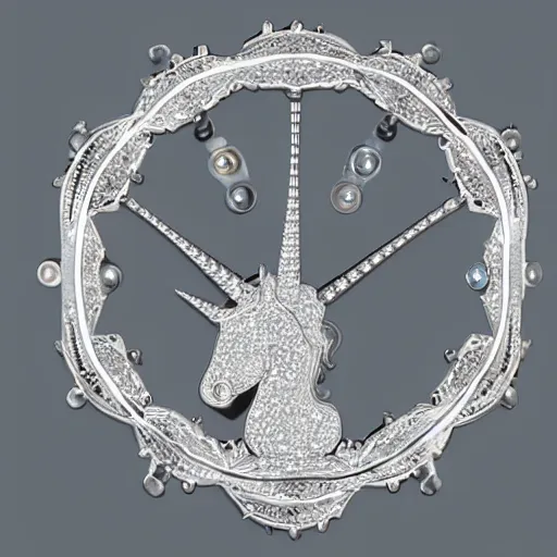 Image similar to a silver unicorn necklace pendant, 3 d rendering, in the style of pandora, tiffany, swarovski, van cleef & arpels, cartier, boucheron, bulgari, chaumet, elegant, noble, stylish