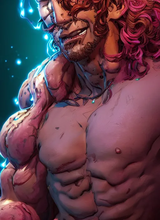 Prompt: glowwave portrait of curly hair muscular man from borderlands 3, au naturel, hyper detailed, digital art, trending in artstation, cinematic lighting, studio quality, smooth render, unreal engine 5 rendered, octane rendered, art style by klimt and nixeu and ian sprigger and wlop and krenz cushart.