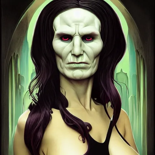 Image similar to lofi portait of the dark lord voldemort as a female in bikini, Pixar style, by Tristan Eaton Stanley Artgerm and Tom Bagshaw.