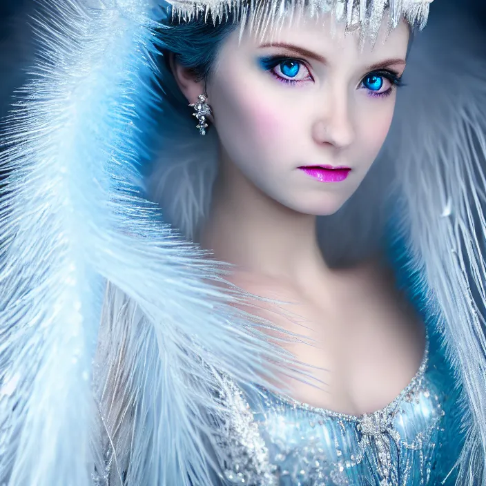 Image similar to portrait photograph of a real-life extremely beautiful!! ice queen, looking at the camera!!. super resolution. Extremely detailed.