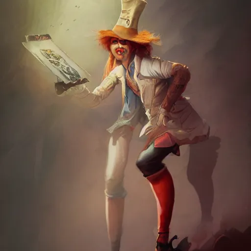 Image similar to realistic, full body portrait, attractive trashy female mad hatter, by Jordan Grimmer and greg rutkowski, crisp lines and color,