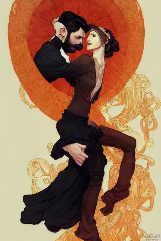 Image similar to bearded young man wearing orange t - shirt and tinfoil hat fastens zipper on beautiful black dress of his spouse before going to exquisite gala art by artgerm and greg rutkowski and charlie bowater and magali villeneuve and alphonse mucha