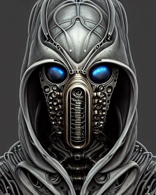 Image similar to front shot of a cyberpunk hooded dead biomechanical demon in gasmask mastermind character, intricate, elegant, highly detailed, centered, (((artstation, concept art, smooth, sharp focus, artgerm, Tomasz Alen Kopera, Peter Mohrbacher, donato giancola, Joseph Christian Leyendecker, WLOP, Boris Vallejo))), mugshot!!!!!, ugly!!!!!!, octane render, nvidia raytracing demo, grainy, muted