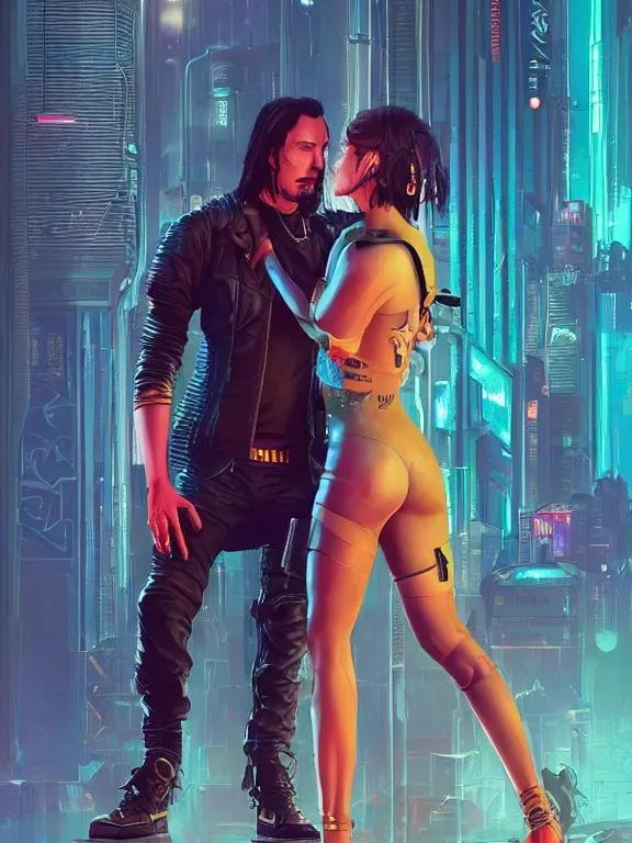 Image similar to a cyberpunk 2077 couple portrait of Keanu Reeves&female android in kiss,love,film lighting,by Laurie Greasley,Lawrence Alma-Tadema,Dan Mumford,artstation,deviantart,FAN ART,full of color,Digital painting,face enhance,highly detailed,8K,octane,golden ratio,cinematic lighting