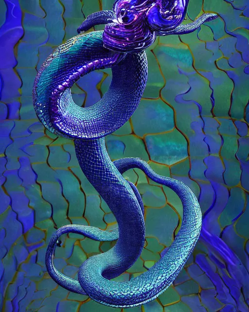 Image similar to a photo of a sculpture of a snake made from blue and emerald and amethyst crystal geode formations with liquid gold tendrils by jean pierre roy by stanisław szukalski by beeple, octane render, recursive, tendrils, tessellation, elestial crystals, geode, refracted light