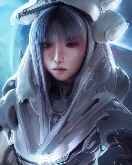 Image similar to detailed portrait of perfect android girl, warframe armor, beautiful face, scifi, futuristic, space station, laboratory, song hye - kyo, dreamy, long white hair, blue cyborg eyes, cinematic lighting, innocent, highly detailed, sharp focus, smooth, artstation, intricate, award winning, pure aura, divine, by akihiko yoshida