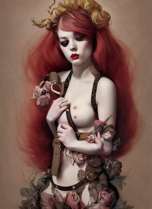 Prompt: pop surrealism, lowbrow art, realistic seductive woman painting, body harness, hyper realism, muted colours, rococo, natalie shau, loreta lux, tom bagshaw, mark ryden, trevor brown style,