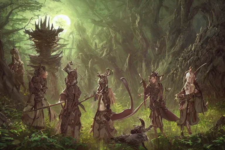 Image similar to dungeons and dragons fantasy painting, platoon of ashigaru mice emerge from the forest, tanegashima, hooded cloaks, whimsical and cute, determined expressions, watery eyes, anime inspired by krenz cushart, brown fur, tufty whiskers, feathered arrows, bamboo forest, dawn lighting, by brian froud jessica rossier and greg rutkowski