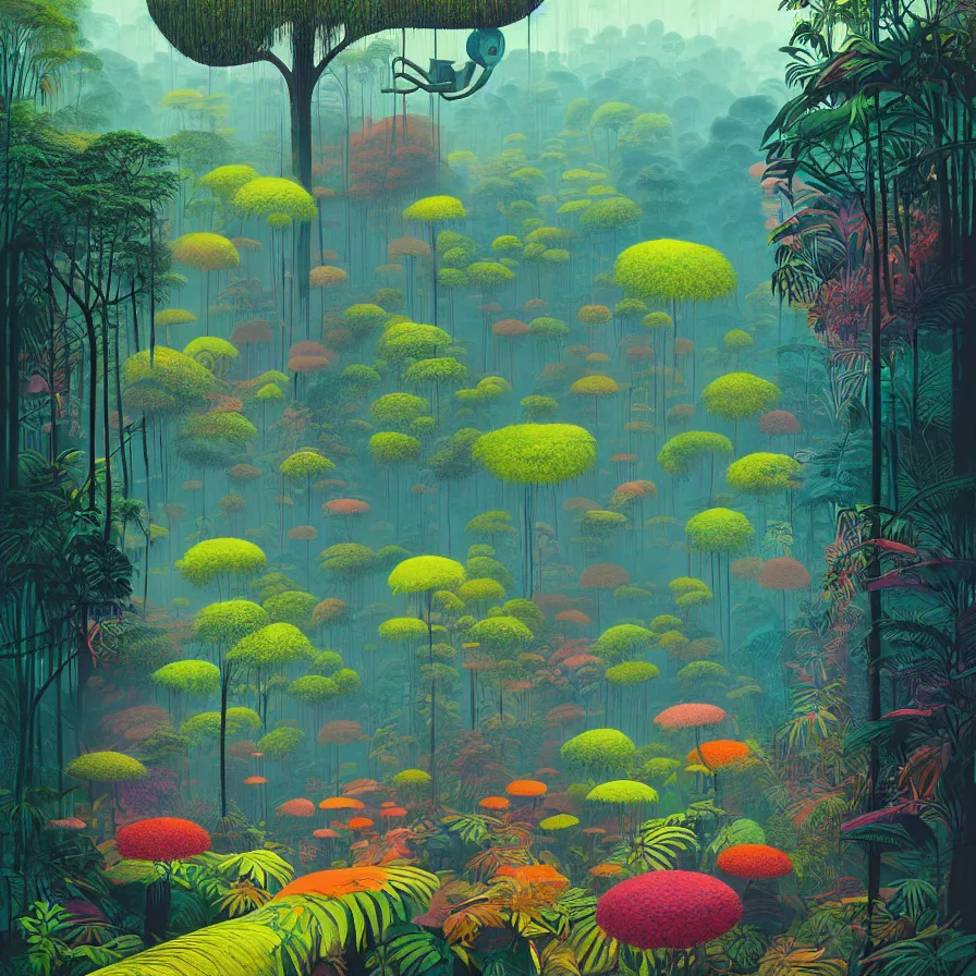 Prompt: surreal glimpse, malaysia jungle, summer morning, very coherent and colorful high contrast pastel art by gediminas pranckevicius james gilleard james gurney floralpunk screen printing woodblock, dark shadows, hard lighting, stippling dots, art nouveau
