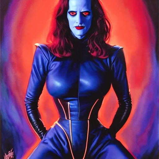 Image similar to Alex Ross comic art, wide shot, stunning elegant female Eva Green, Indigo Magician, beautiful evil sneer, symmetrical face, symmetrical eyes, leather clothing and boots, long straight red hair, full body, Indigo occult pattern