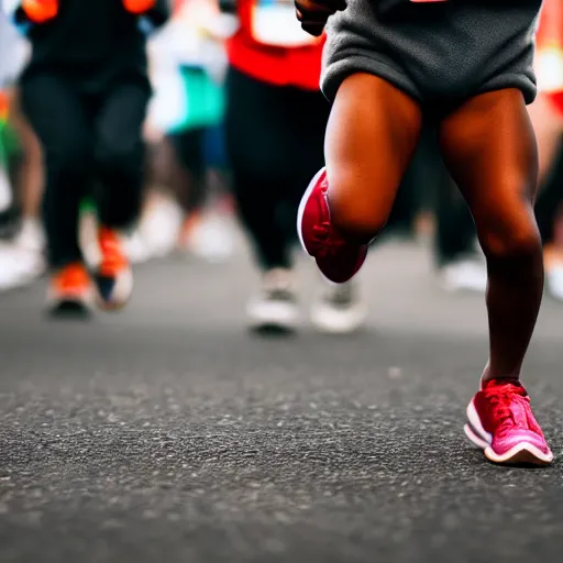 Image similar to portrait of midget kanye west running in a marathon, sharp focus, 4 k editorial photograph, soft lighting, shallow depth of field, people out of focus