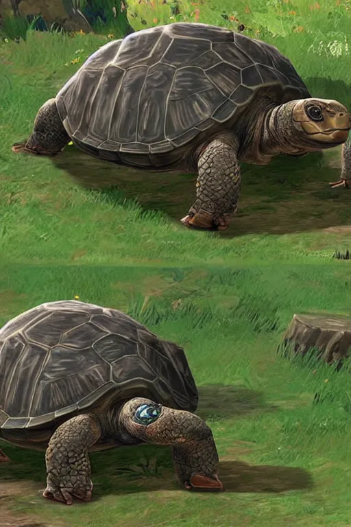 Prompt: in game footage of a giant tortoise from the legend of zelda breath of the wild, breath of the wild art style.