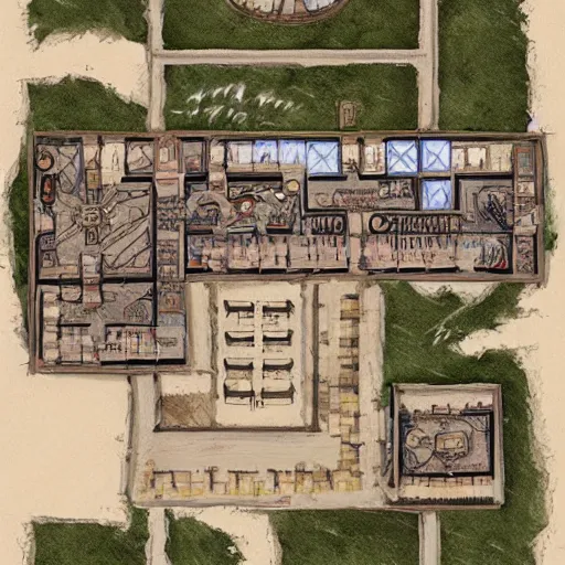 Image similar to handpainted floor plan map of a fantasy tavern, by greg rutkowski and james gurney, trending on artstation