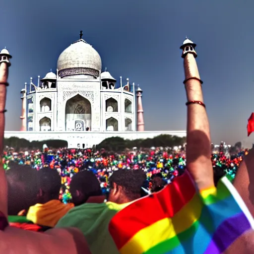 Image similar to photo of crowd of men with rainbow flags dancing at ( ( ( ( taj mahal ) ) ) ), well framed, sharp focus, 8 k, beautiful, award winning photo, highly detailed, intricate, centered