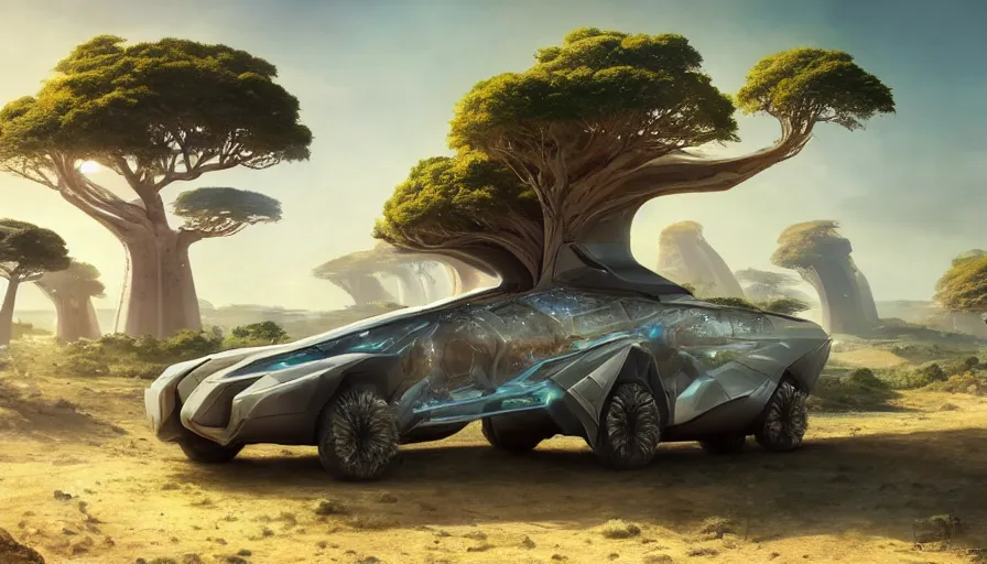 Image similar to a futuristic suv designed by pininfarina driving through madagascar with baobabs trees, artgerm and greg rutkowski and alphonse mucha, an epic fantasy, volumetric light, detailed, establishing shot, an epic fantasy, trending on art station, octane render, midsommar