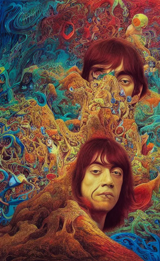 Image similar to ultrawide angle colour masterpiece surreal closeup portrait photography of the beatles by miho hirano and annie leibovitz and michael cheval, weird surreal epic psychedelic complex biomorphic 3 d fractal landscape in background by kilian eng and roger dean and salvador dali and beksinski, 8 k