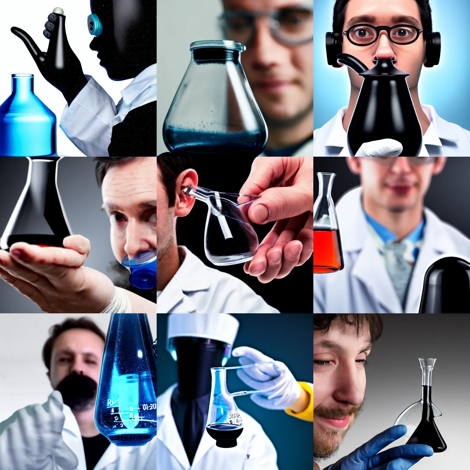 Prompt: a scientist with an erlenmeyer containing a sentient black goo in his hand, high resolution, realistic, hd, 8 k