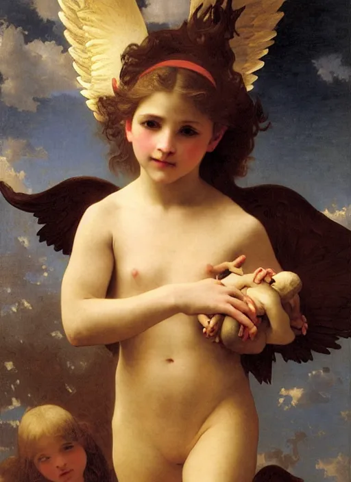 Prompt: a young girl holding the head of a monster, flying in the sky surrounded by angels, extremely realistic and highly detailed painting by william - adolphe bouguereau and caravaggio, soft light, gold ratio