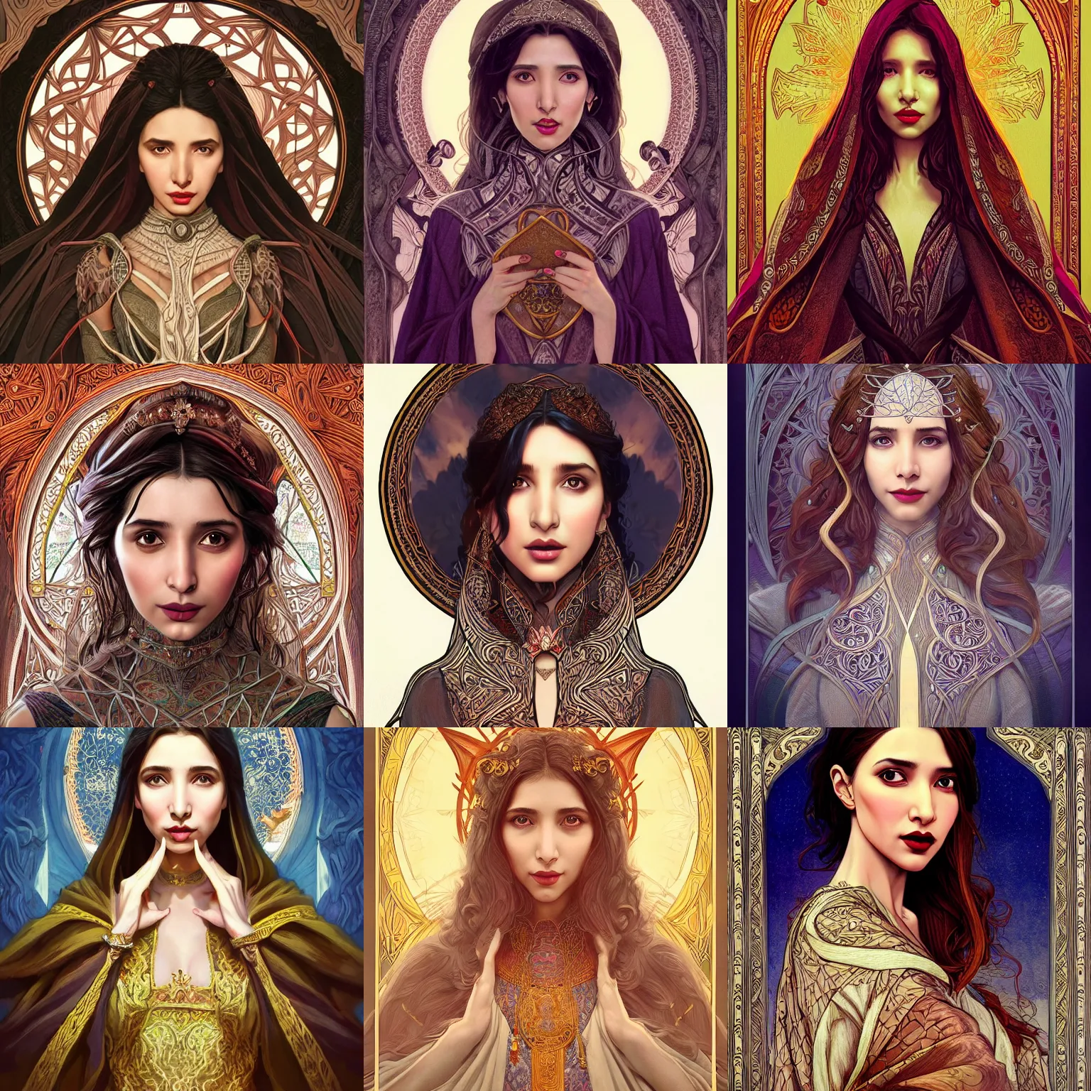 Prompt: head-on symmetrical centered painted portrait, Mahira Khan as a D&D wizard, art nouveau, medieval robes, fantasy, intricate, elegant, highly detailed, smooth, sharp focus, illustration, artstation, in the style of Artgerm and Anna Podedworna and Alex Ross and Mucha