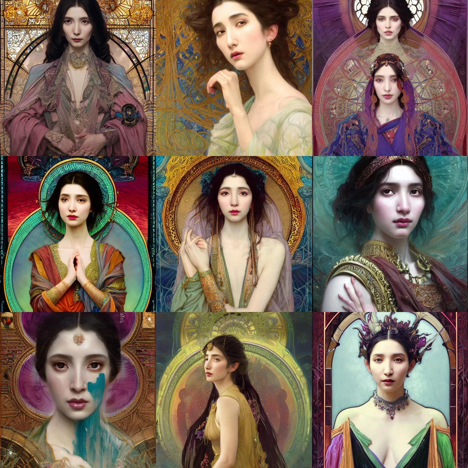 Prompt: masterpiece head-on symmetrical centered painted portrait, Mahira Khan as a mage, ornate robes, glowing stained glass backdrop, elegant, in the style of Ruan Jia and Edgar Maxence and Ross Tran and Alphonse Mucha and Ayami Kojima and Charlie Bowater and Greg Rutkowski and Karol Bak and Jean Delville, Art Nouveau, 8k, specular highlights, octane render