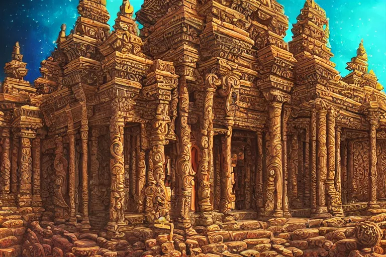 Image similar to Detailed render of an ancient intricate and ornate temple in canyon by Michael Whelan and Benjamin Lacombe and Megan Duncanson, super details, colorful, ornate background, intricate details