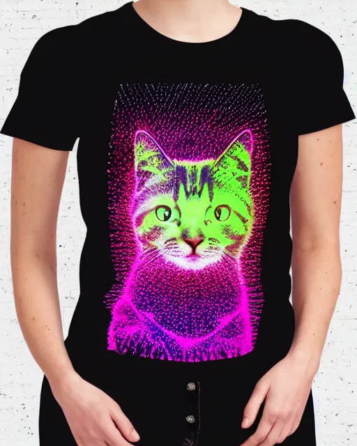 Prompt: highly detailed high resolution stacked plot of radio emissions from a pulsar, abstracted light refractions and stripy interference, making up a minimalist generative form of a fluffy cat, silk screen t-shirt design in the style of FELIPE PANTONE 4K