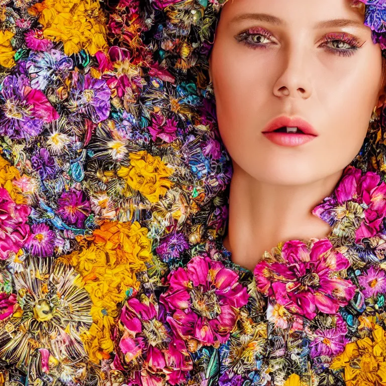 Prompt: high fashion close - up photoshoot octane render portrait by wayne barlow and carlo crivelli and glenn fabry, a woman wearing a colorful floral patterned hawaiin shirt covered in honey and flowers, inside a colorful field of beautiful flowers, very short depth of field, bokeh