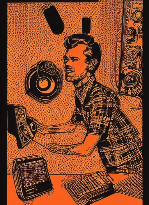 Prompt: A beat producer, screen print, art by Chuck Sperry, vintage 1960s print, minamilst