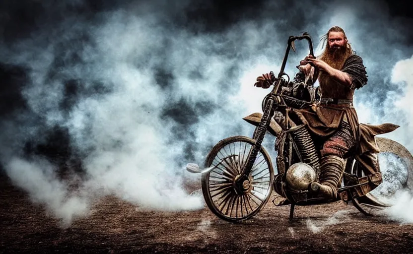 Image similar to old vintage full body photo of ancient viking warrior with full beard riding on the complex steam punk engine with one wheel, extreme sports photography ,super high speed photography, dynamic photography,symmetrical face, clean face, muscular body, high speed,dirt and grawel in air, lens flares, dust partiles in the air, dramatic lighting, intricate, highly detailed, centered, smooth, sharp focus, sports photography, old photo, black and white, sepia, cinematic lighting, cinematic angle, national geographic