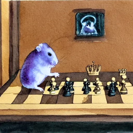 Image similar to a hamster playing chess, seen from the opponents view across the board, watercolour