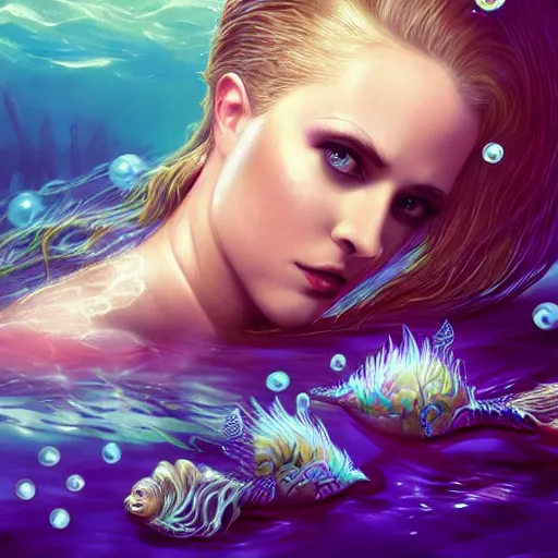 Prompt: evan rachel wood portrait, fantasy, mermaid, hyperrealistic, game character, underwater, highly detailed, sharp focus, cinematic lighting, pearls, glowing hair, shells, gills, crown, water, highlights, starfish, jewelry, realistic, digital art, pastel, magic, fiction, ocean, king, colorful hair, sparkly eyes, fish, heroic, goddess, waves, bubbles, queen