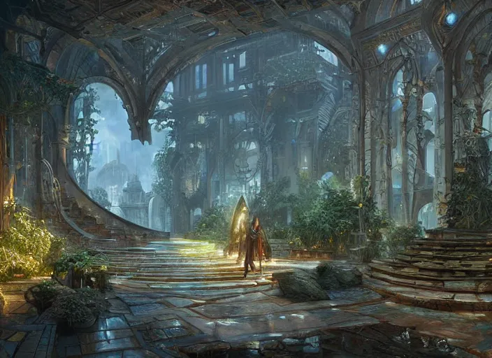 Image similar to futuristic elven courtyard, with technology digital painting by greg rutkowski and james gurney, global illumination, trending on artstation, highly detailed