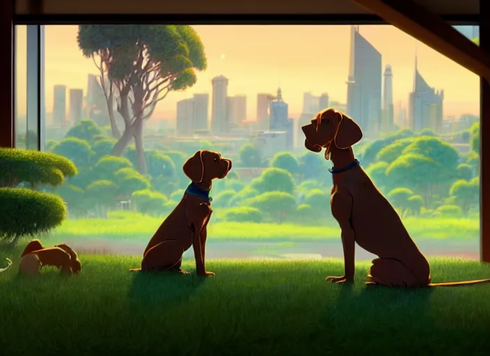 Prompt: a wholesome animation key shot of a brown vizsla dog wearing a green sweater, adelaide city in the background, studio ghibli, pixar and disney animation, sharp, rendered in unreal engine 5, anime key art by greg rutkowski, bloom, dramatic lighting