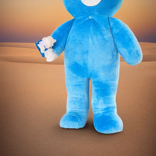 Prompt: blue'snappy gifts'human - sized plush doll, looking at the camera, in the desert, holding gift, happy atmosphere, high detail, 8 k