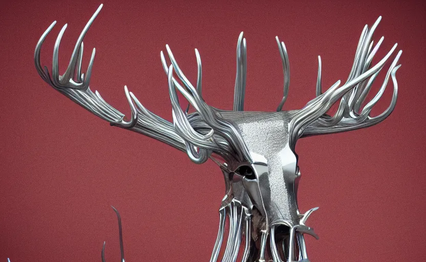 Image similar to stylized shiny polished silver statue full body bizarre cosmic horror quadruped animal moose deer skull four legs made of slug creature tendrils, perfect symmetrical body, perfect symmetrical face, hyper realistic, hyper detailed, by johannen voss, by michelangelo, octane render, blender, 8 k, displayed in pure white studio room anatomical deep red arteries veins flesh