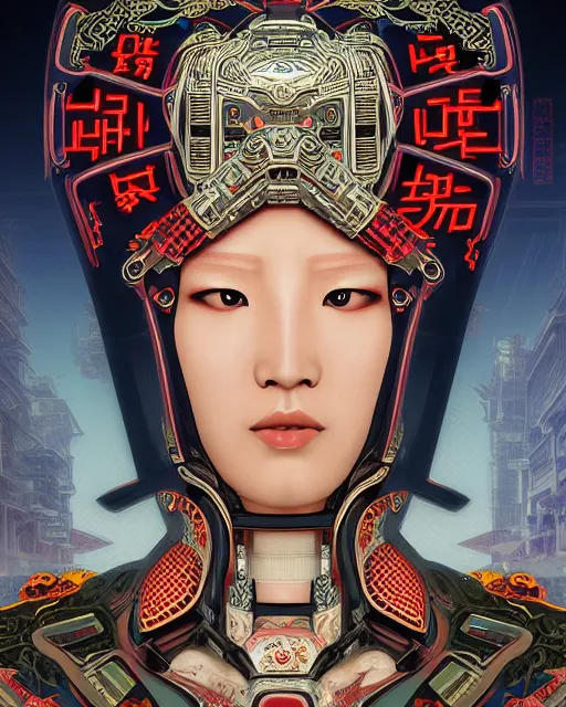 Image similar to portrait of a cyberpunk machine, machine face, upper half portrait, decorated with chinese opera motifs, asian, fine china, traditional chinese art, intricate, elegant, highly detailed, symmetry, headpiece, digital painting, artstation, concept art, smooth, sharp focus, illustration, art by artgerm and greg rutkowski and alphonse mucha, 8 k