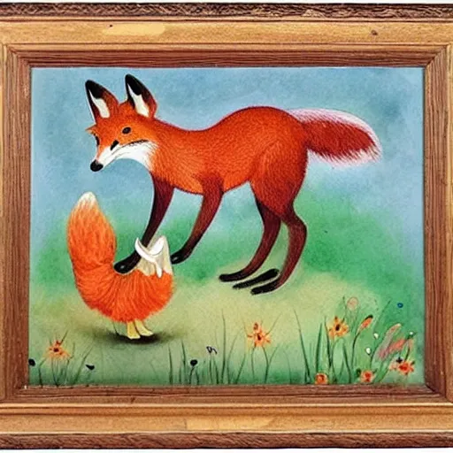 Image similar to a smug fox dances with a pretty chicken, Louis William Wain watercolor,