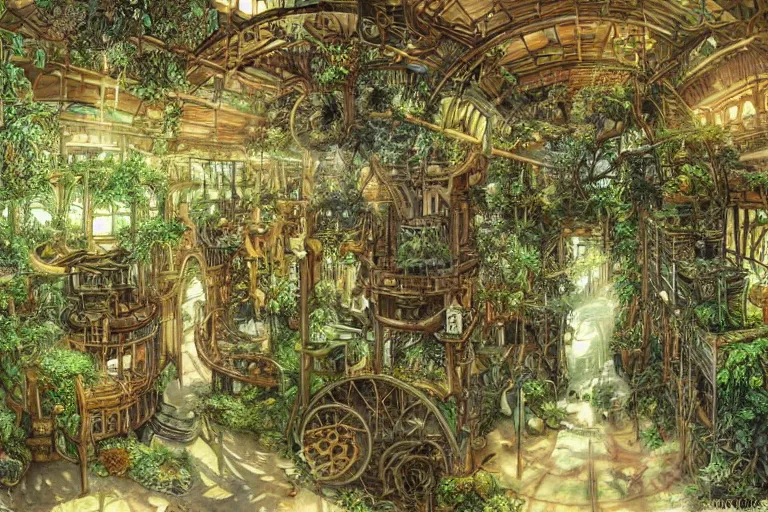 Prompt: Inside an enormous steampunk machine room with lush vegetation growing around the achines, tropical trees, large leaves, flowers, very detailed painting, hyperrealism, by Rebecca Guay