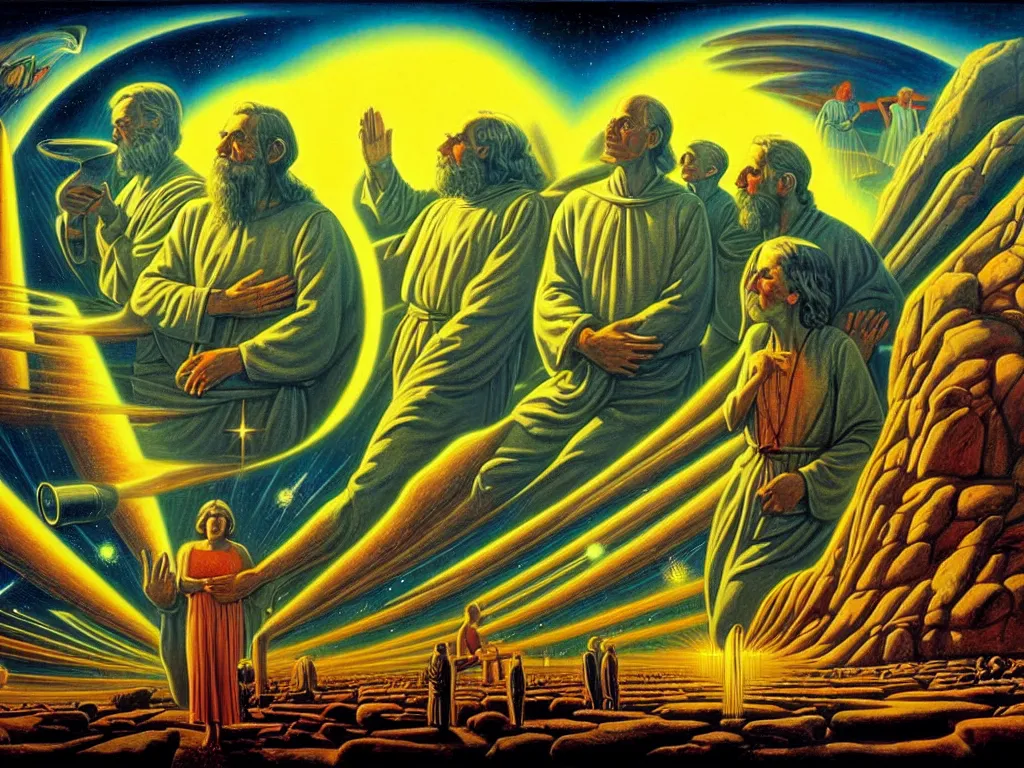 Prompt: a beautiful future for human evolution, spiritual science, holy divinity, utopian, by david a. hardy, wpa, public works mural, socialist