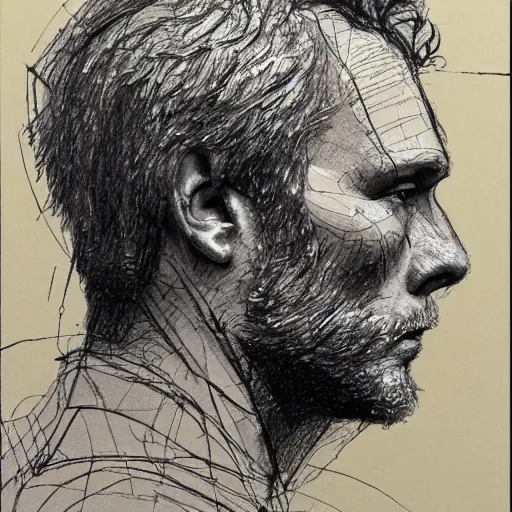 Prompt: a realistic yet scraggly portrait sketch of the side profile of a stern and sophisticated paul bettany, trending on artstation, intricate details, in the style of frank auerbach, in the style of sergio aragones, in the style of martin ansin, in the style of david aja, in the style of mattias adolfsson