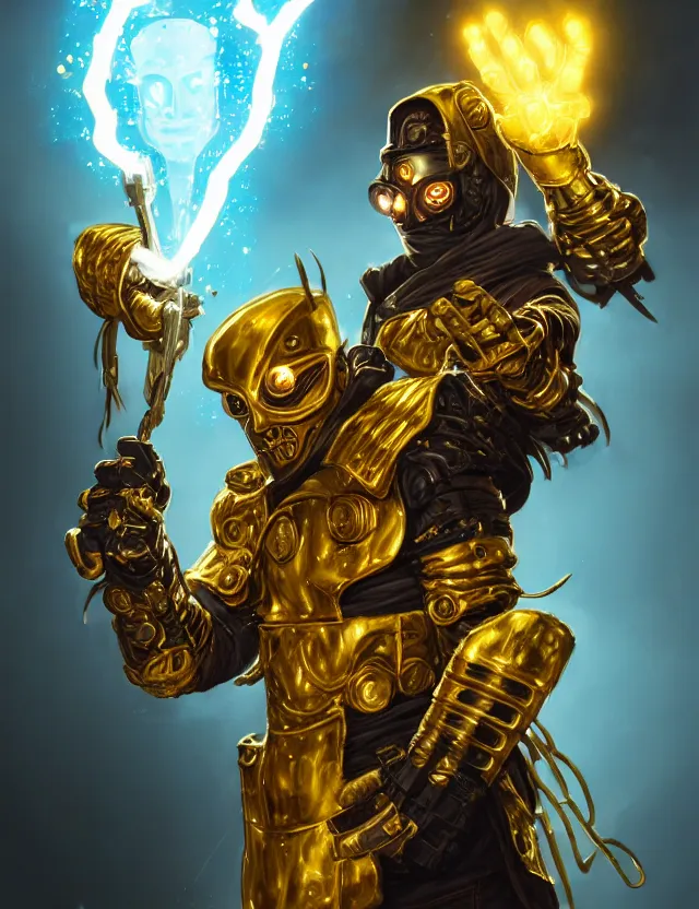 Image similar to a masked cyberpunk warrior in golden armour with a glowing golden gauntlet, surrounded by crackling golden lightning and energy, by frank fazetta and peter mohrbacher, trending on artstation, digital art, 4 k resolution, detailed, high quality, sharp focus, hq artwork, coherent, insane detail, concept art, character concept, character full body portrait