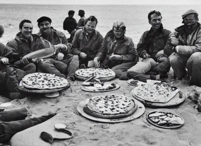 Prompt: vintage photo of a pizza party on omaha beach in normandy