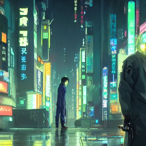 Prompt: a male japanese cyberpunk android, wide shot, finely detailed features, cyborg robot parts with glowing lights!, dramatic cinematic, night, at cyberpunk city, ghost in the shell, akira, noir, painted by greg rutkowski makoto shinkai takashi takeuchi craig mullins, alphonse mucha, studio ghibli, pixiv