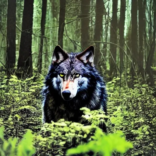 Image similar to werecreature consisting of a human and wolf, photograph captured in a forest