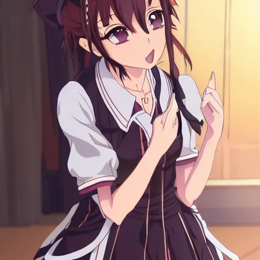 Image similar to anime key visual of a female maid girl winking, trending on pixiv, makoto shinkai, wlop, highly detailed, studio portrait